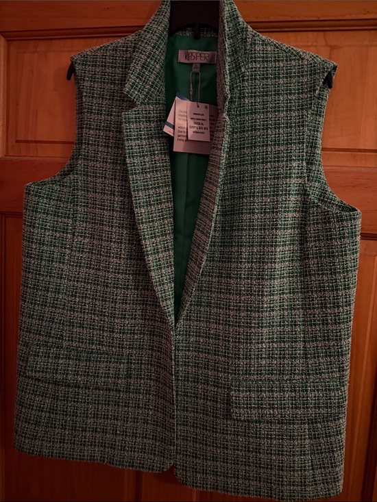 Kasper Tops - Kasper Green Tweed Sleeveless Blazer Vest with Notch Lapel